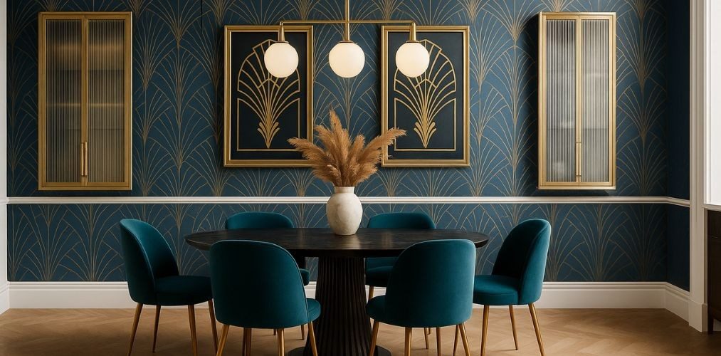 Modern dining room with teal chairs and wooden table - Beautiful Homes