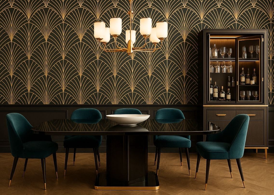 Art deco dining room with velvet chairs and patterned wallpaper - Beautiful Homes