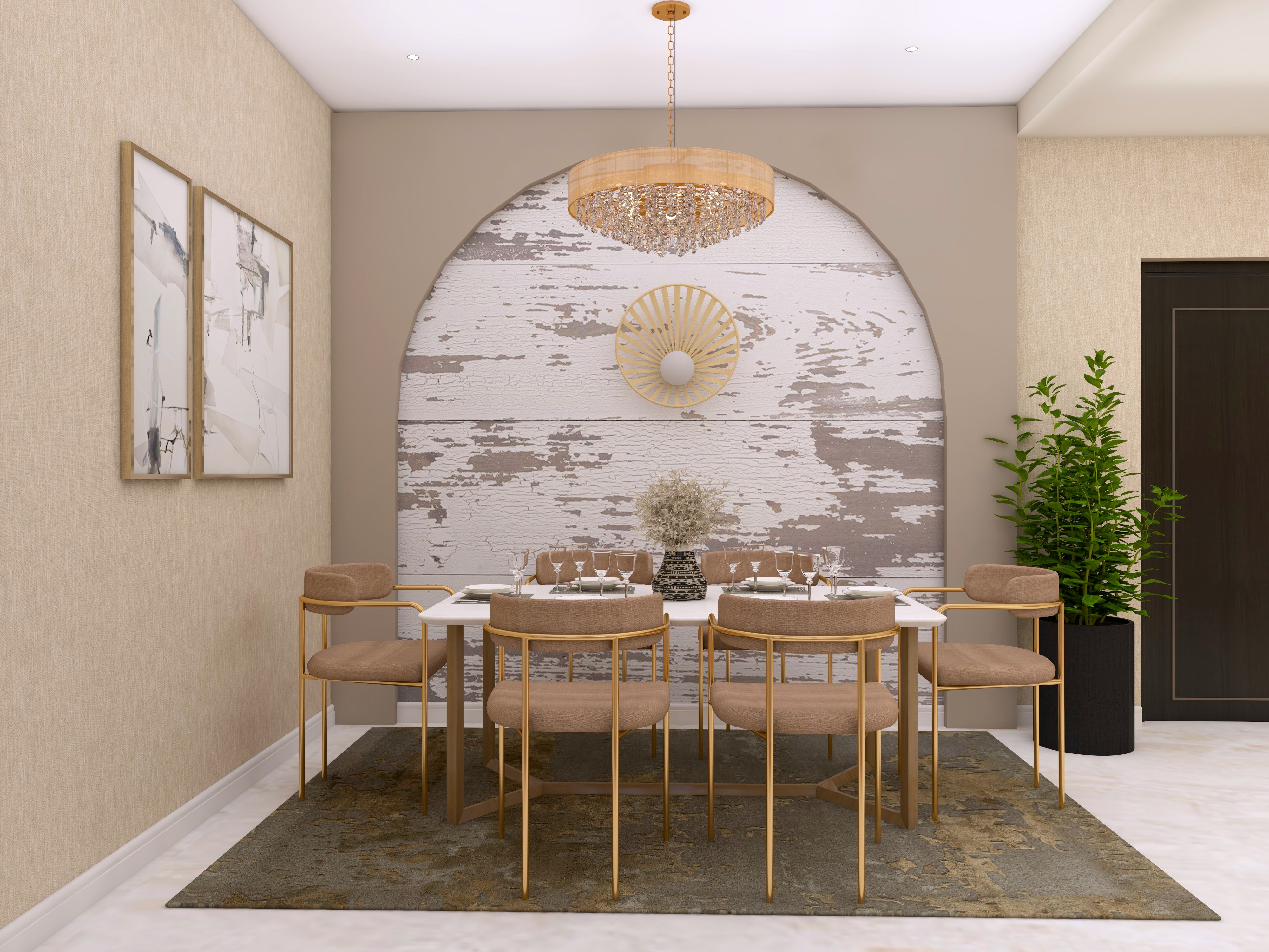 Beige dining room with arched wall paneling and upholstered chair with golden legs - Beautiful Homes