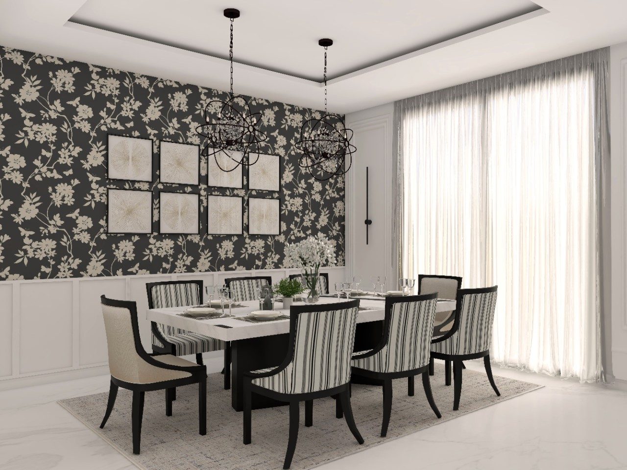 Black and white modern dining room with floral wallpaper - Beautiful Homes