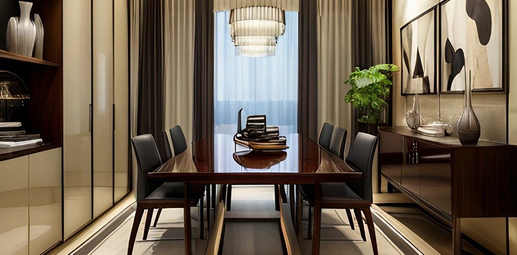 Black dining room with a black console table-Beautiful Homes