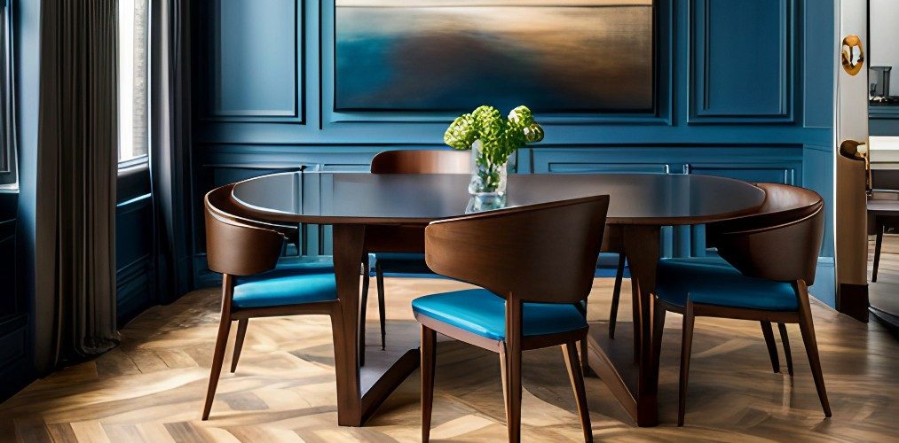 Blue and brown dining room with accent wall-Beautiful Homes