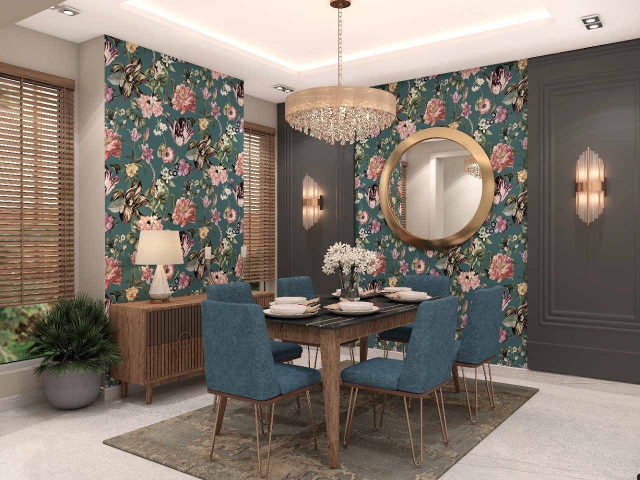 Bohemian dining room with blue upholstered chairs and floral wallpaper - Beautiful Homes