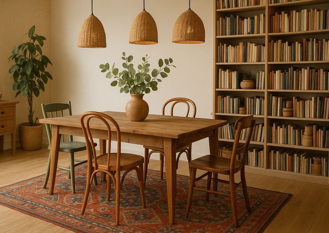 Dining table with chairs and bookshelf décor - Beautiful Homes