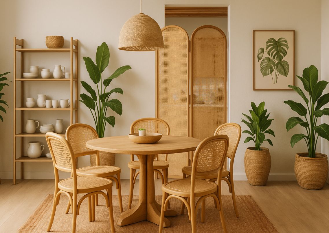 Warm dining area with wood table and plants - Beautiful Homes