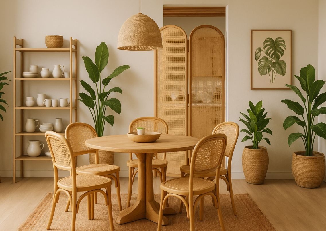 Warm dining area with wood table and plants - Beautiful Homes