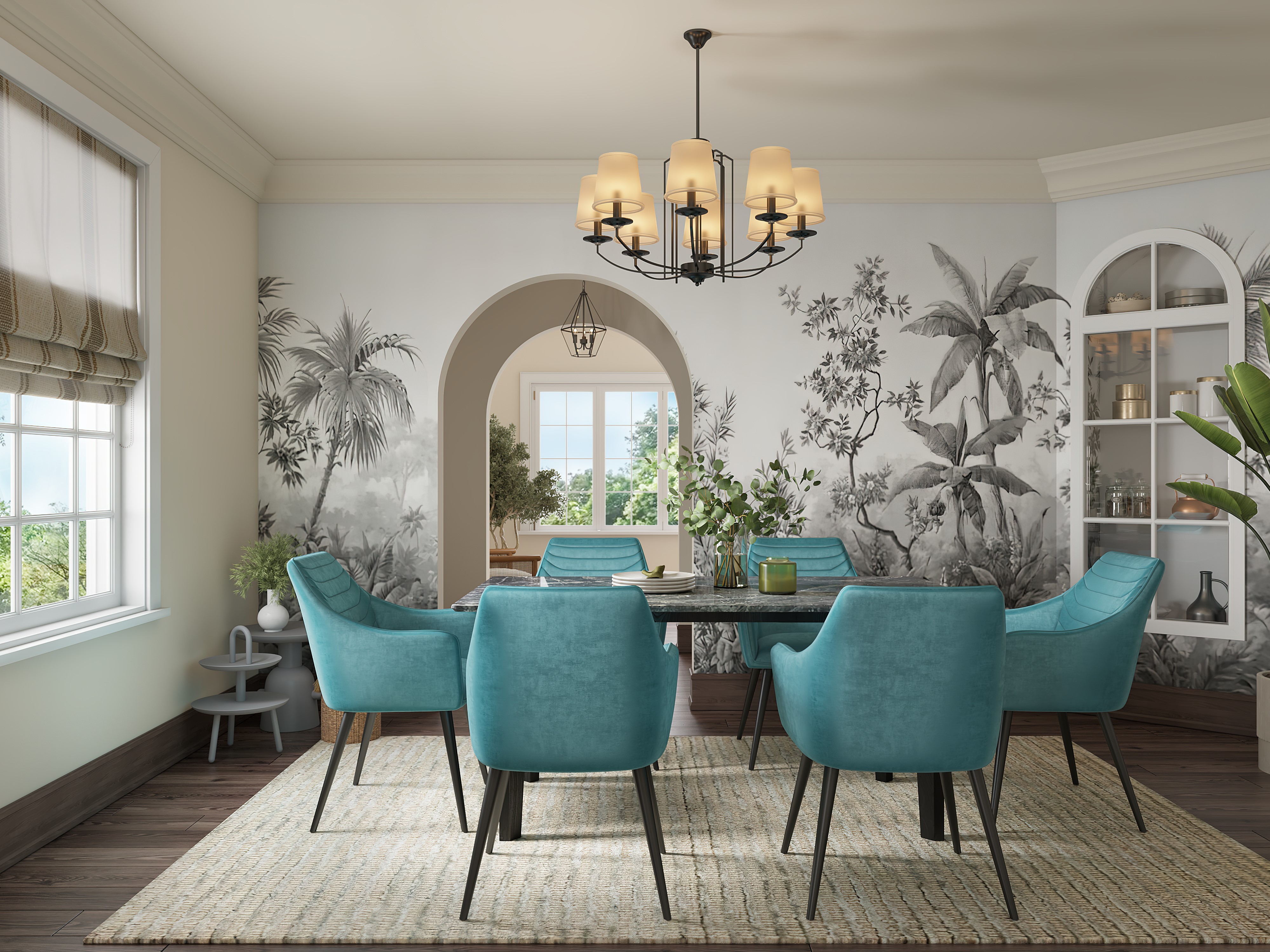 Turquoise dining chairs with glass table and décor - Beautiful Homes