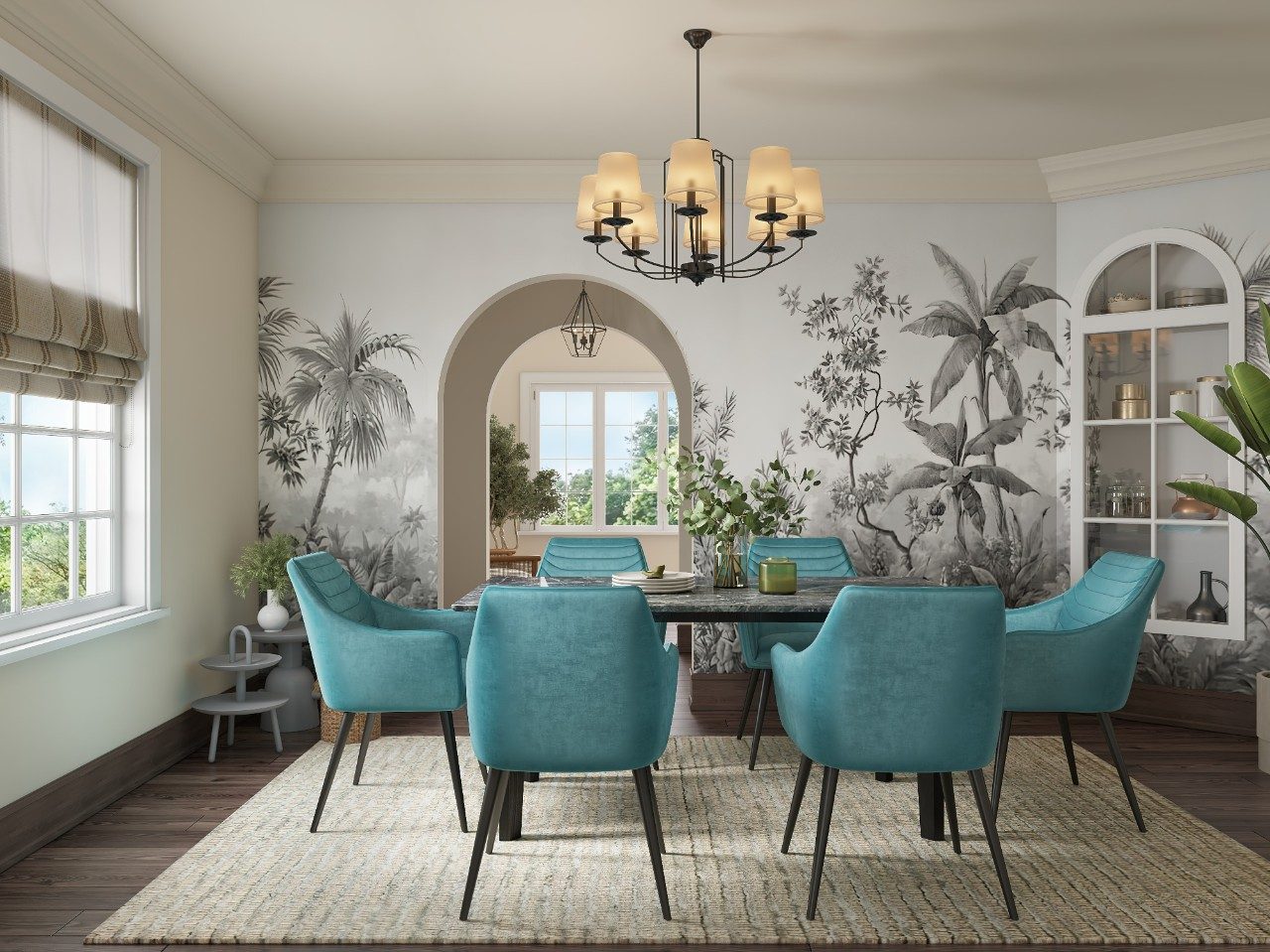 Turquoise dining chairs with glass table and décor - Beautiful Homes
