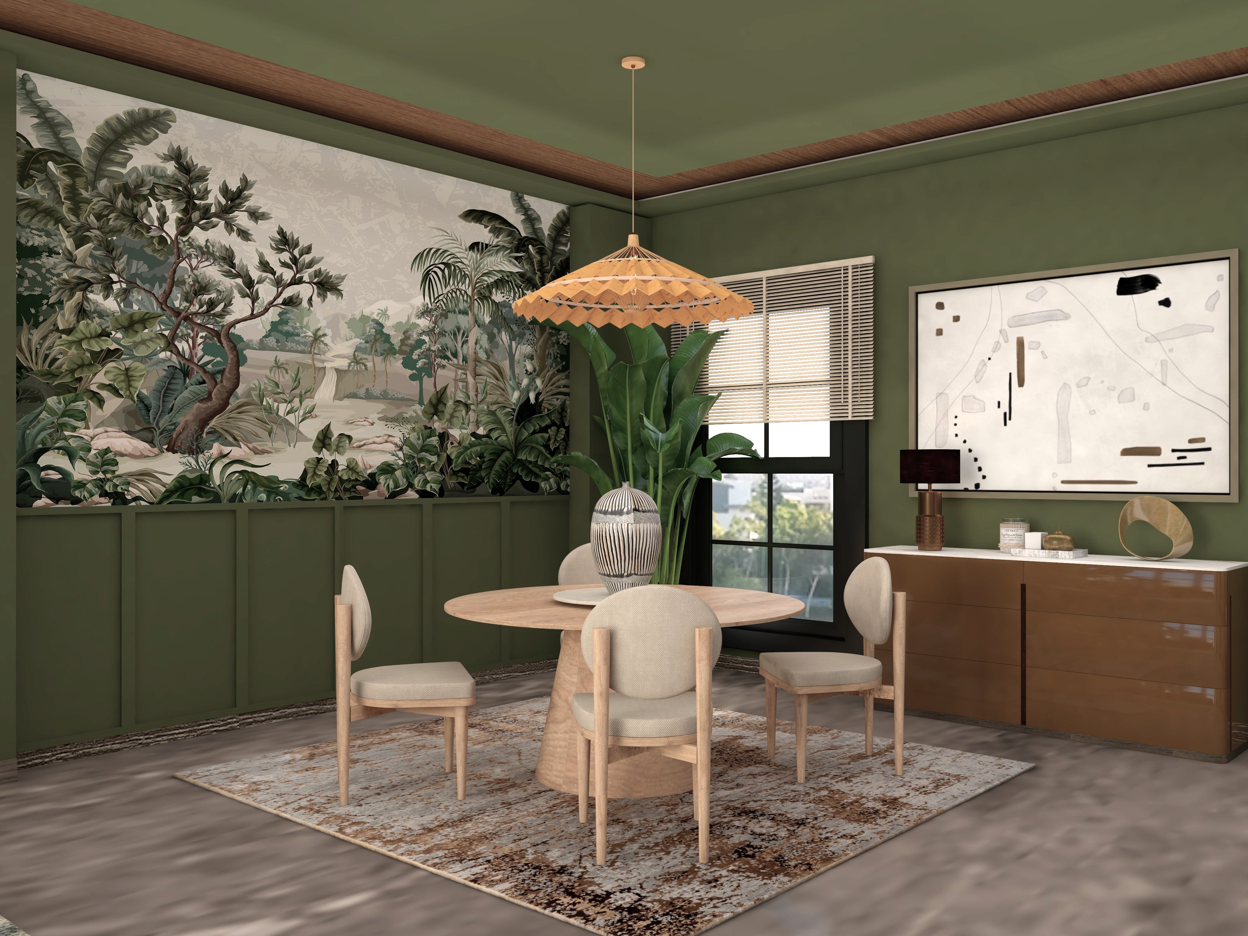 Dining area with green walls and wooden furniture - Beautiful Homes