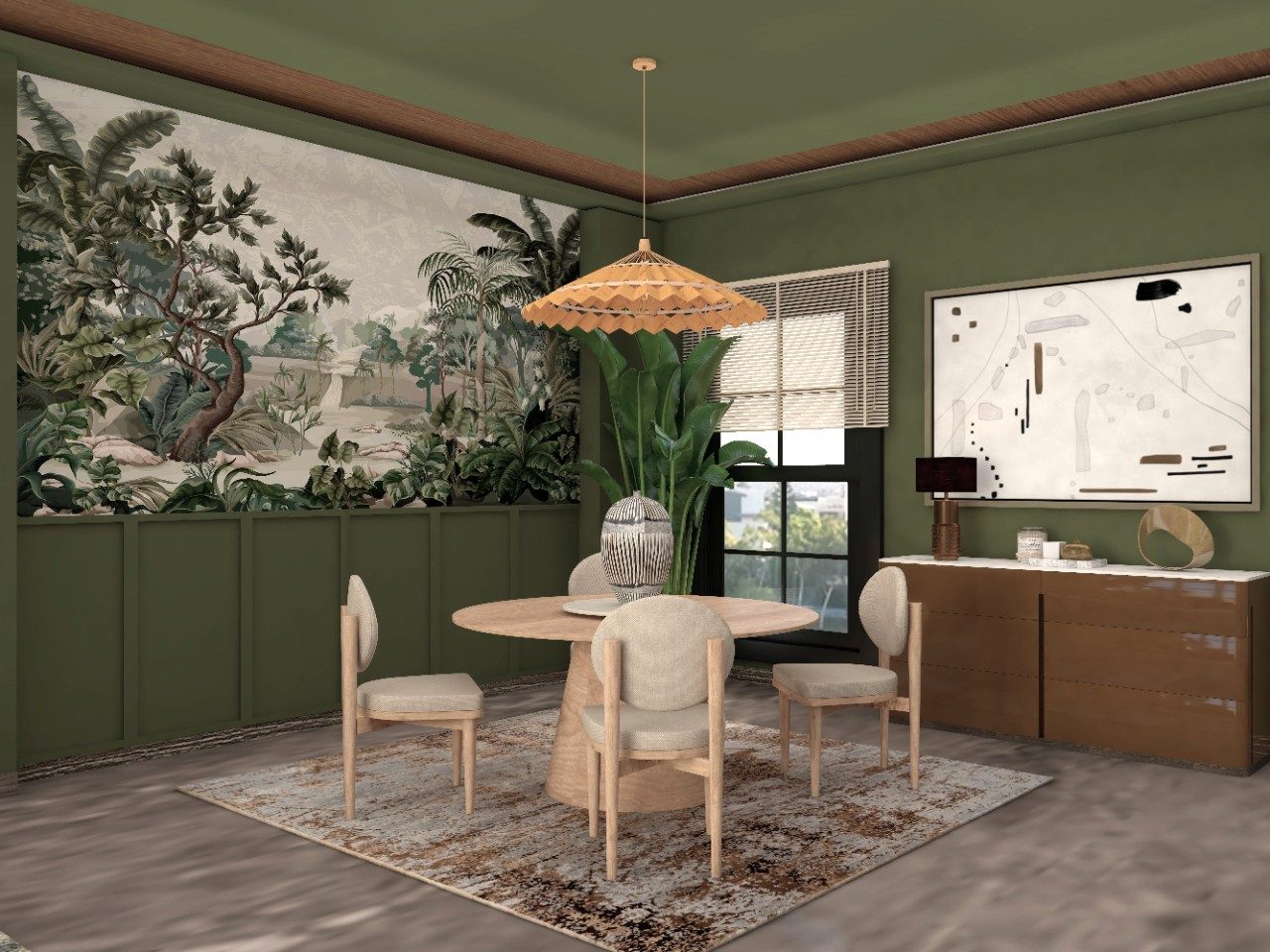 Dining area with green walls and wooden furniture - Beautiful Homes