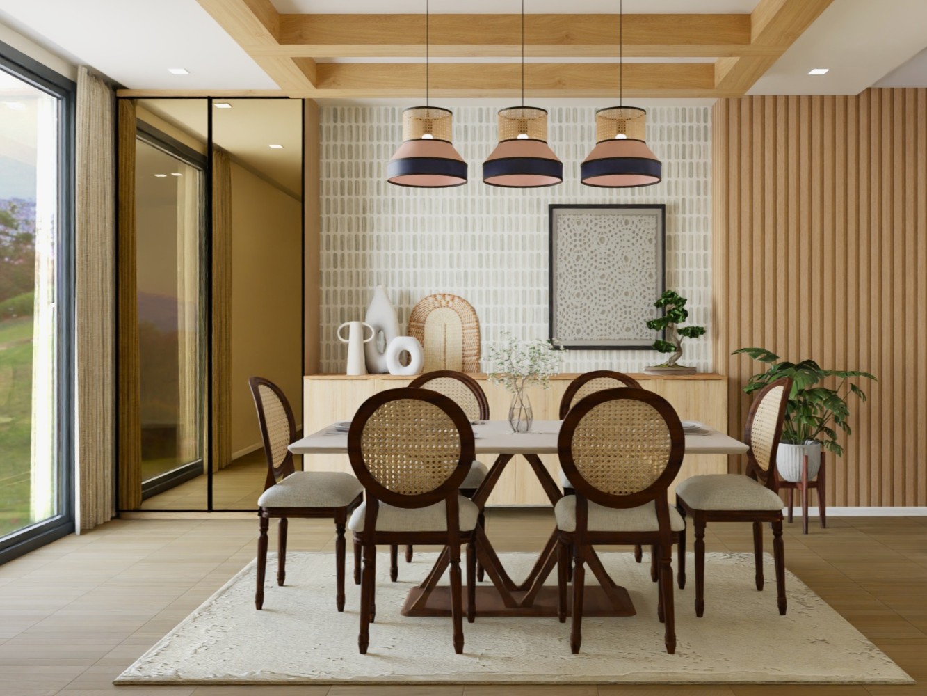 Dining area with wooden chairs and hanging lights - Beautiful Homes