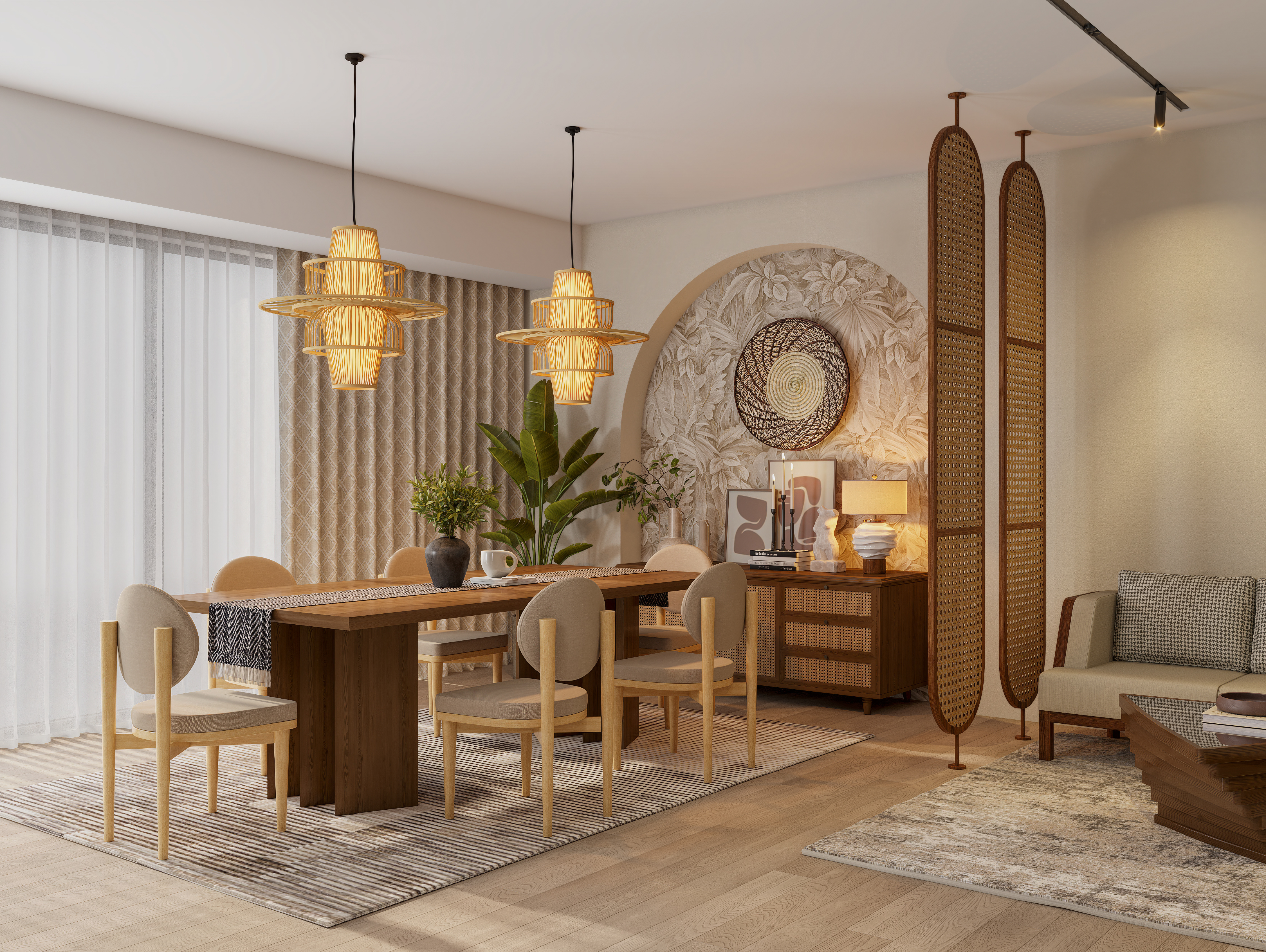 Dining room with wooden table and hanging lights - Beautiful Homes