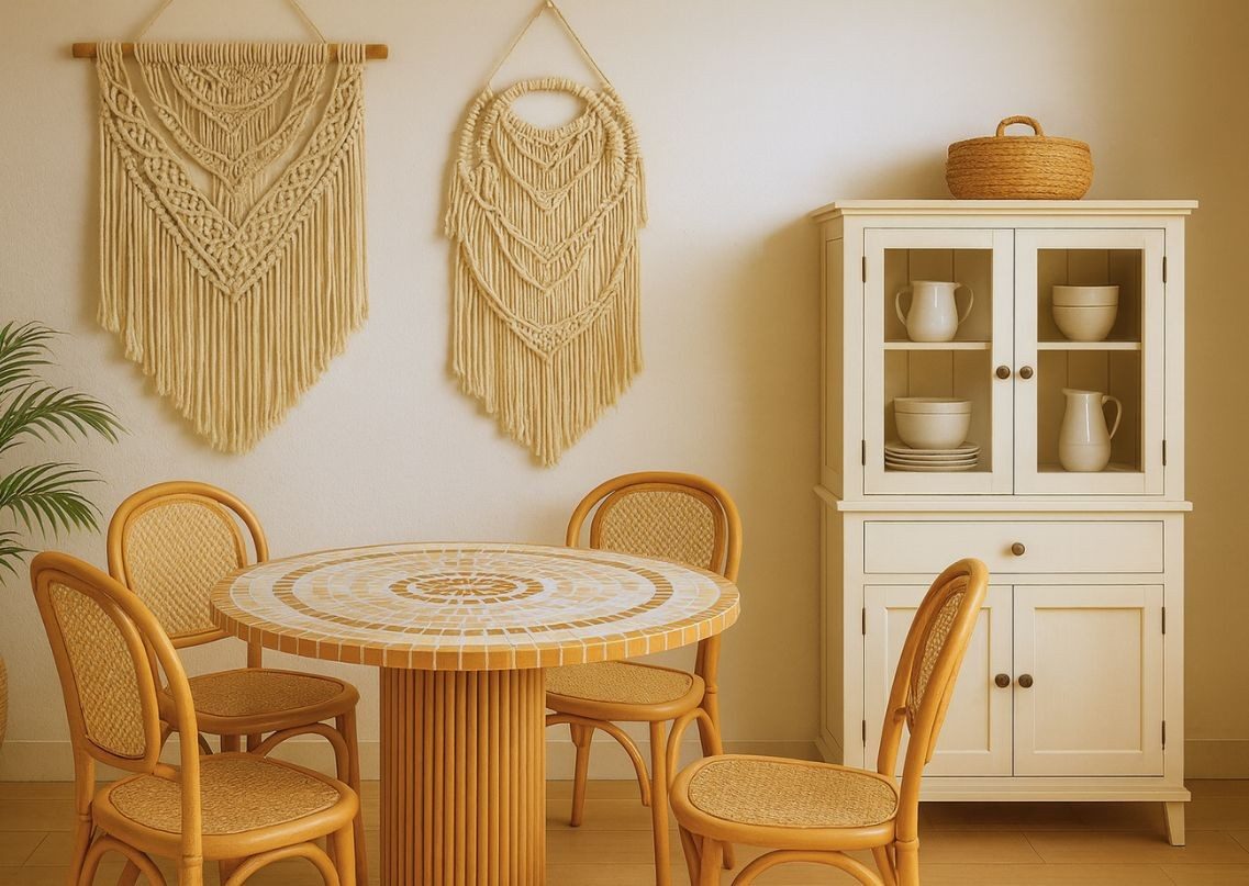 Round table with wooden chairs and wall décor - Beautiful Homes