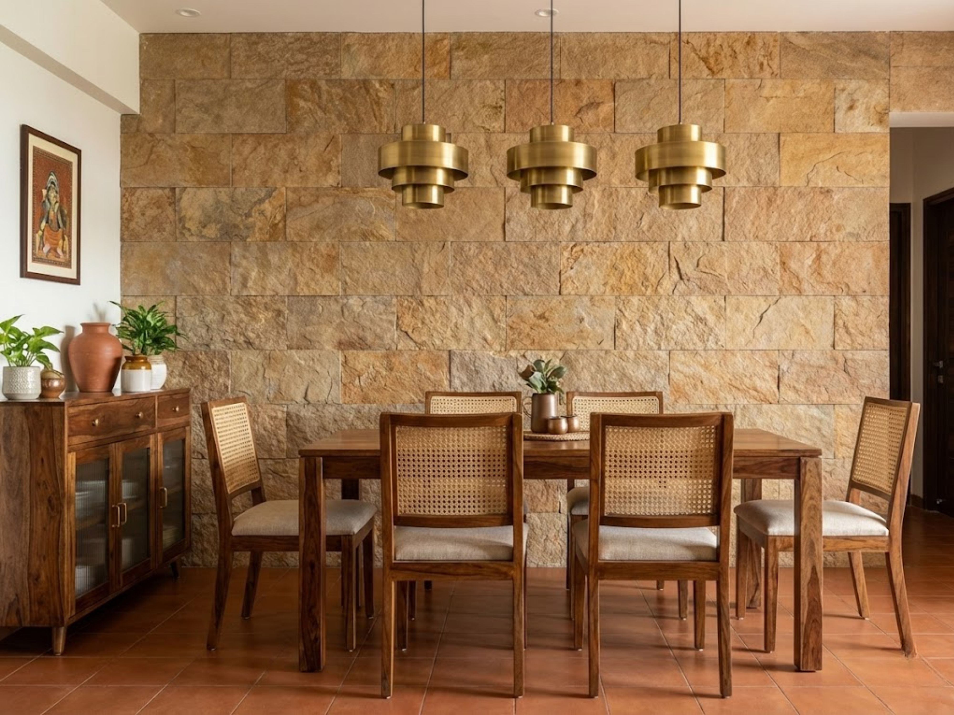 Dining room with wooden table and cane chairs - Beautiful Homes