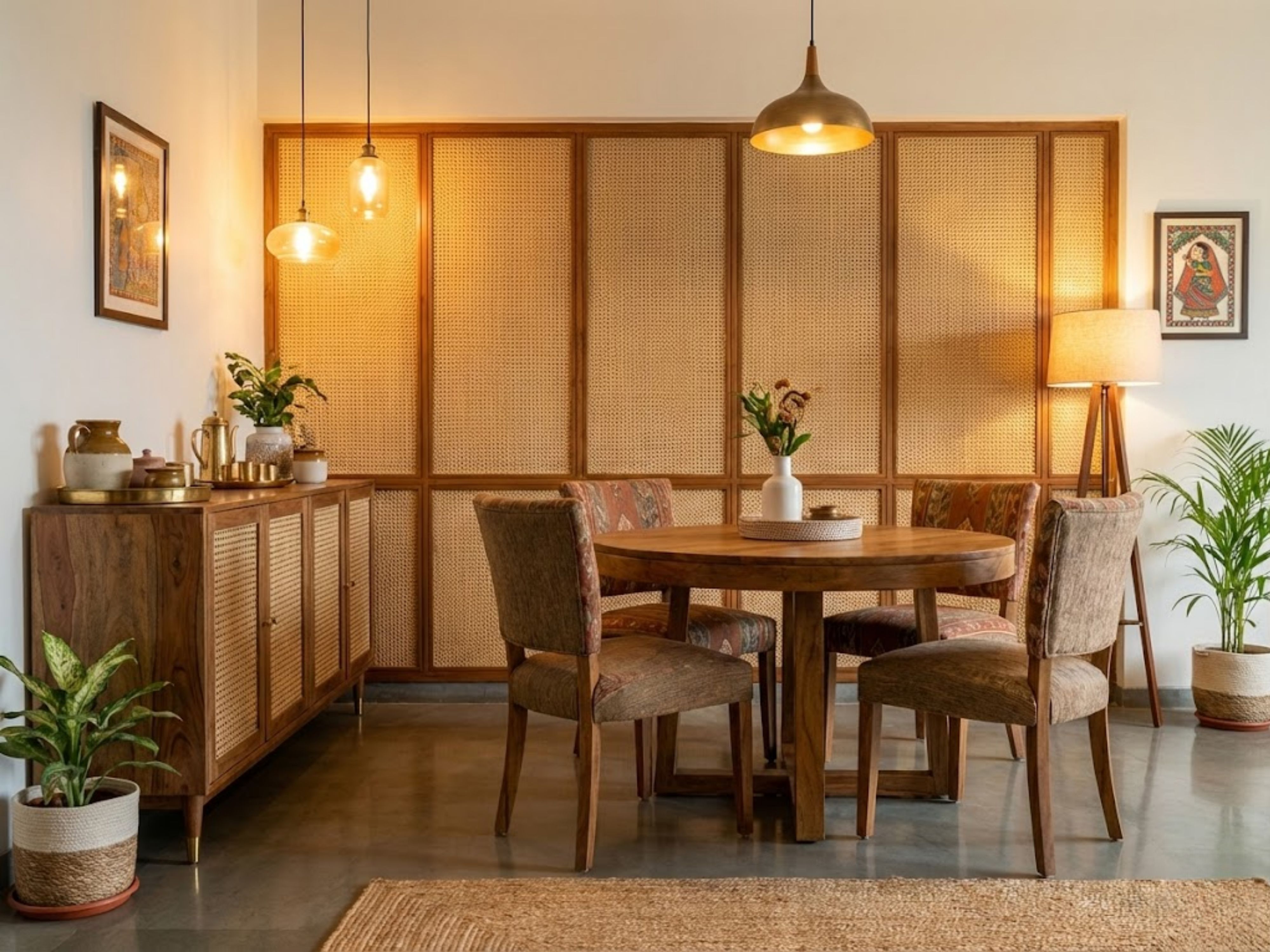 Dining room with wooden table and hanging lights - Beautiful Homes