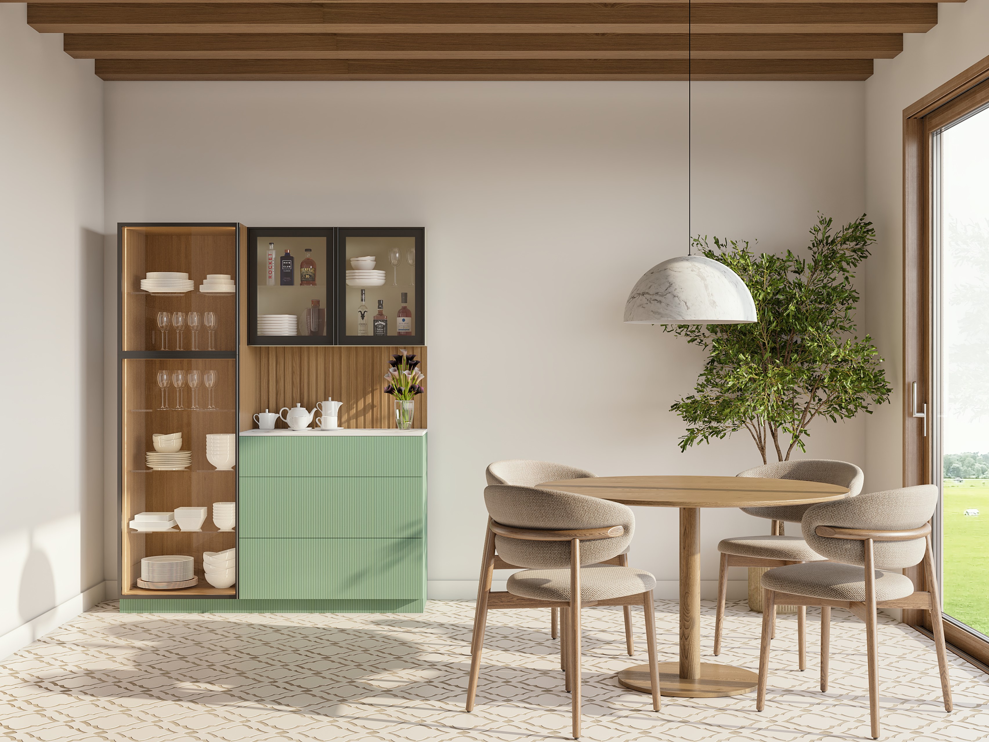 Dining room with round table and crockery unit - Beautiful Homes