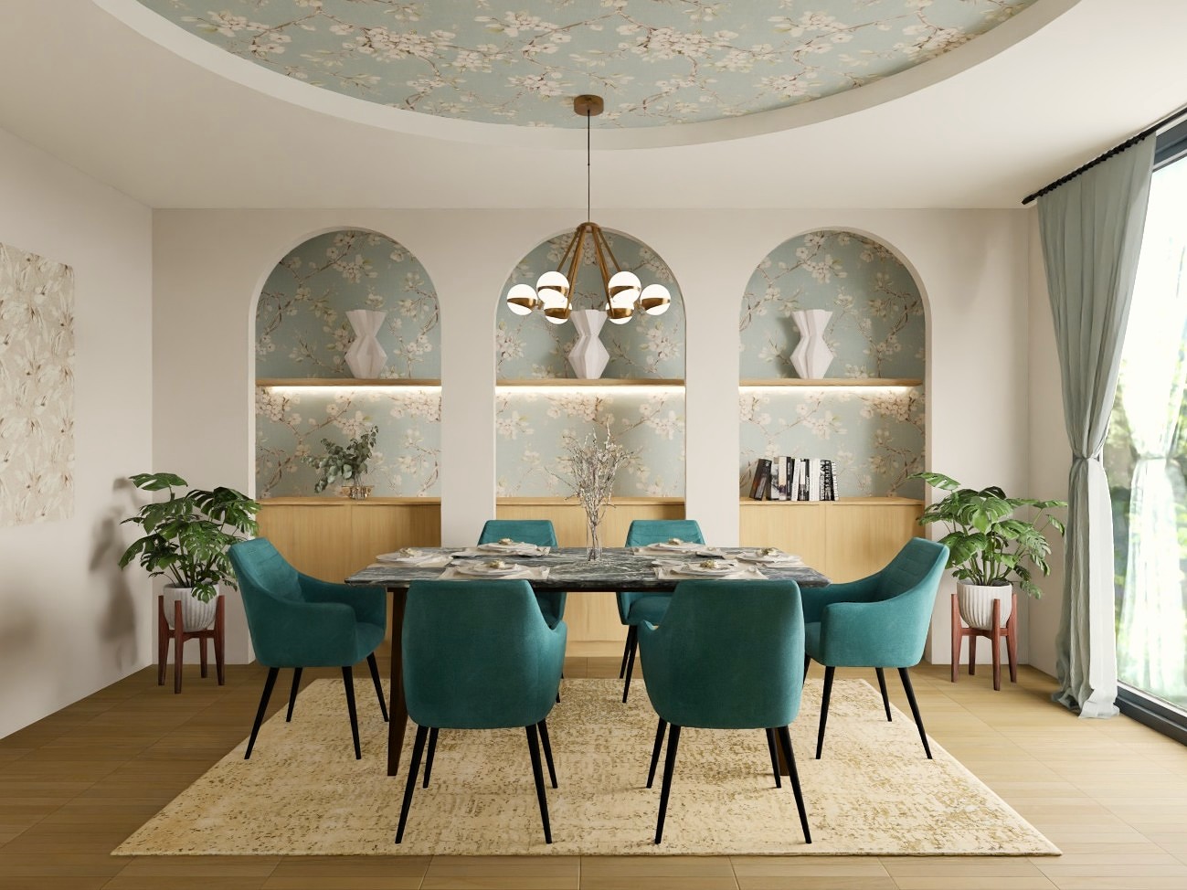 Dining room with teal chairs and floral wallpaper - Beautiful Homes