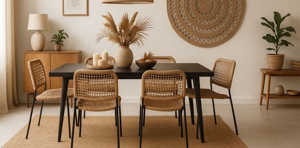 Dining room with wooden accents and black table - Beautiful Homes