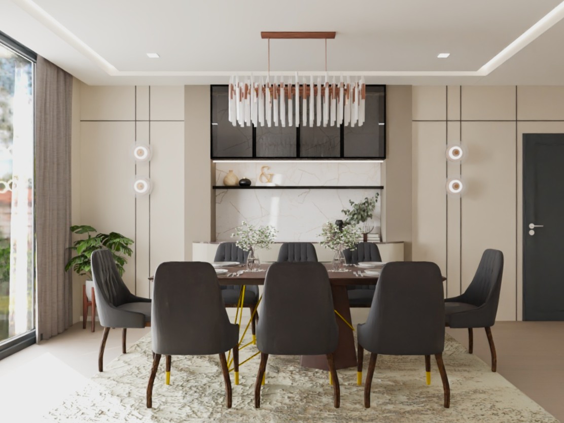 Contemporary dining room with wood furniture and lighting - Beautiful Homes