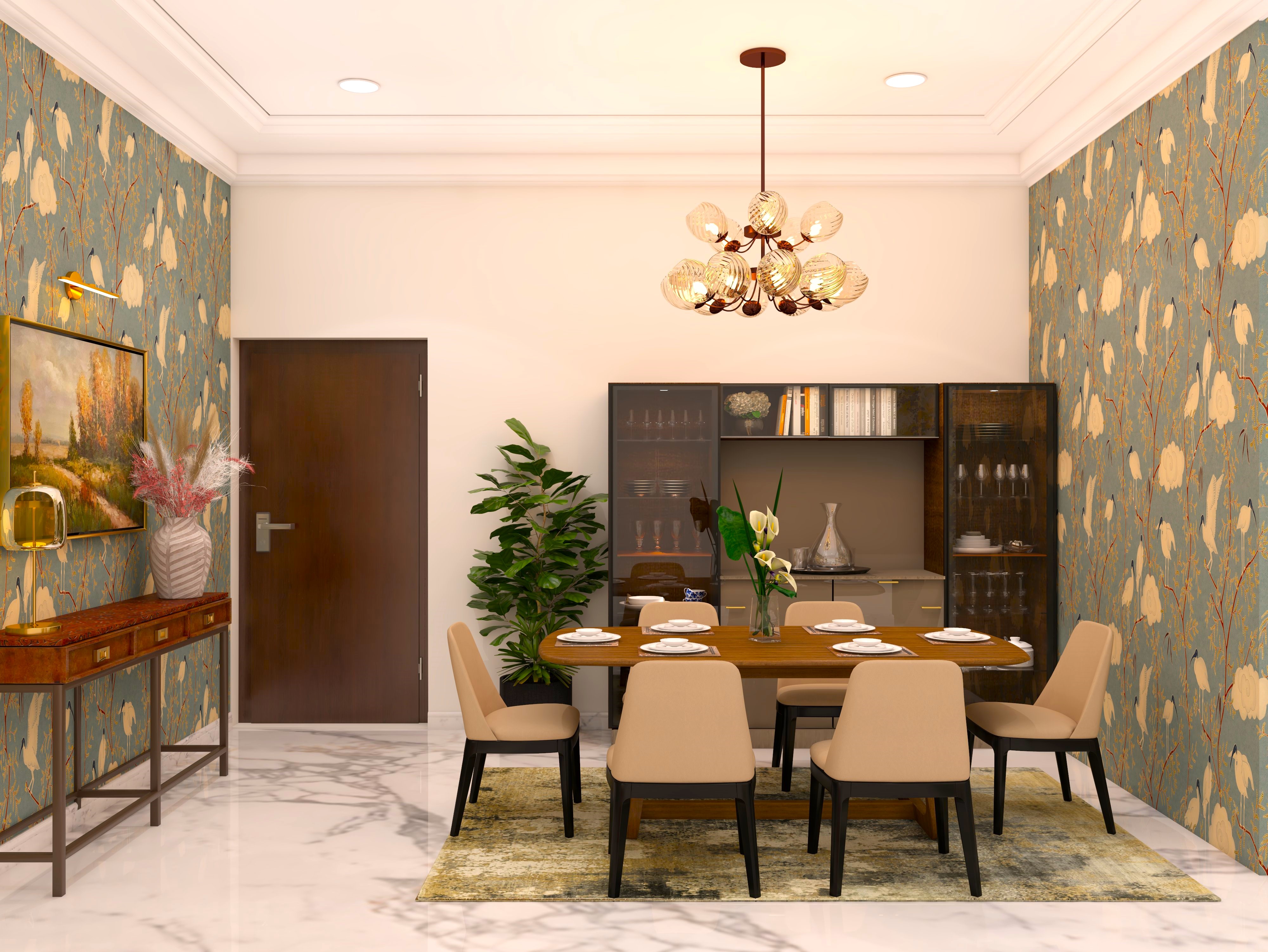 Brown dining table with beige chairs and black glass crockery unit-Beautiful Homes