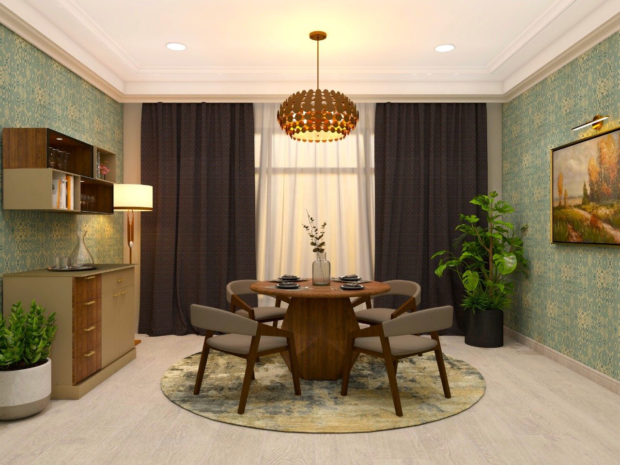 Circular dining room with green printed wallpaper-Beautiful Homes