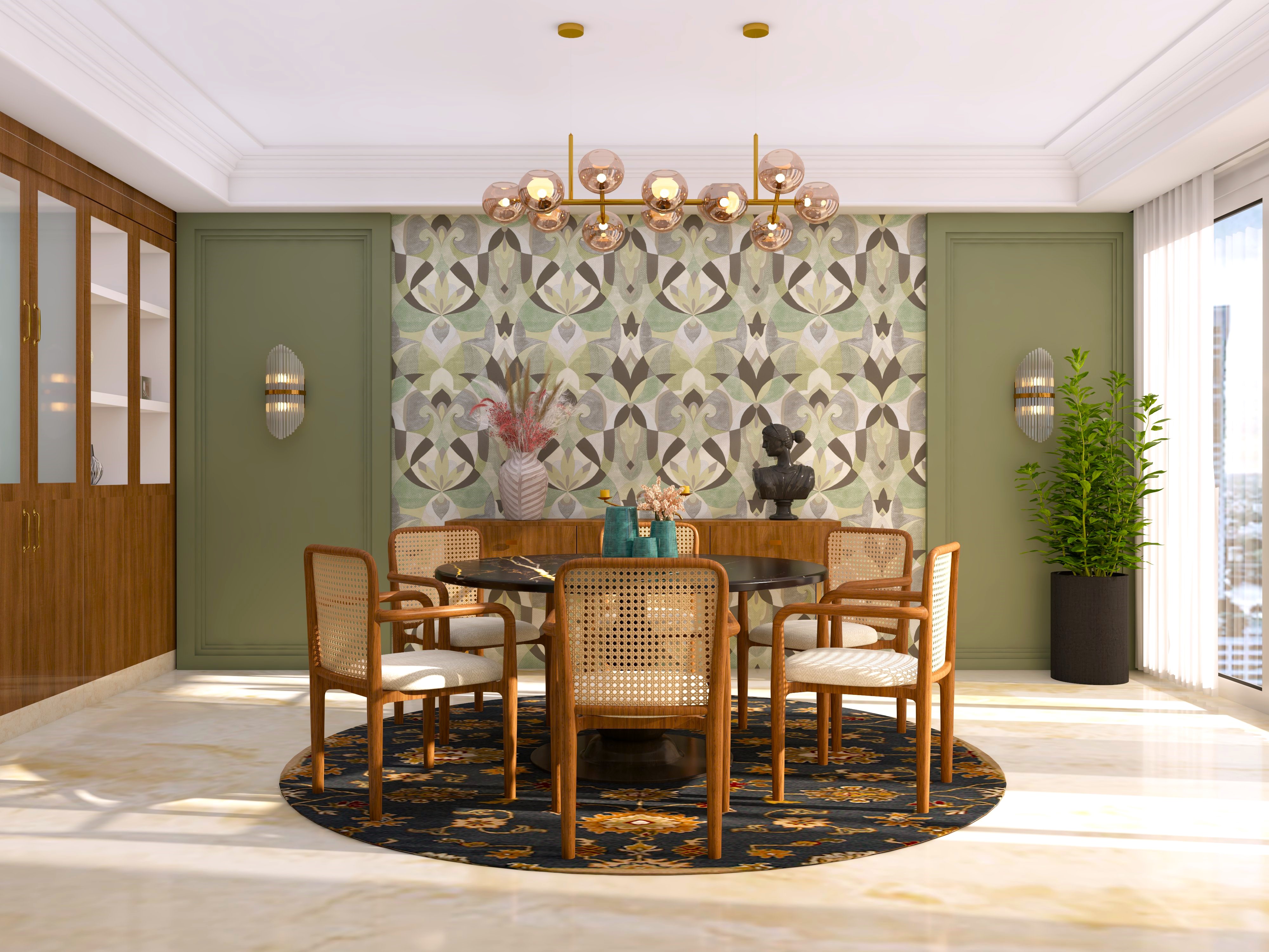 Circular dining room with green walls and rattan chairs - Beautiful Homes