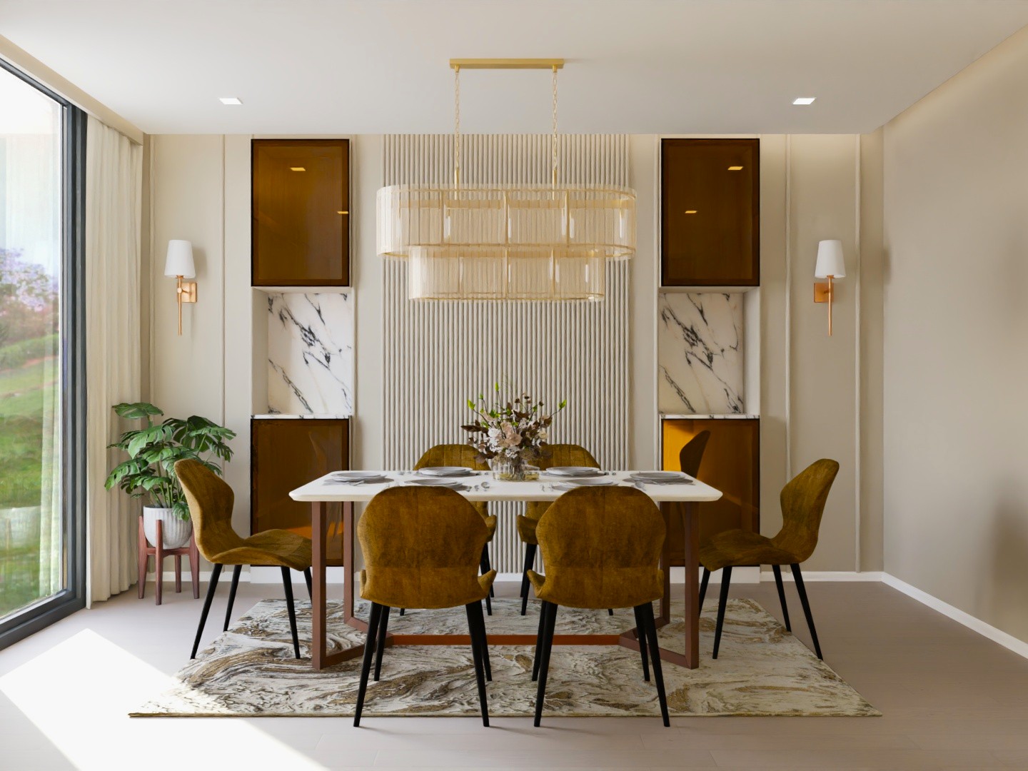 Modern dining room with marble table and hanging lights - Beautiful Homes