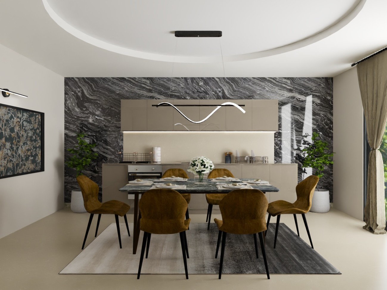 Contemporary dining setup with marble table and lighting - Beautiful Homes