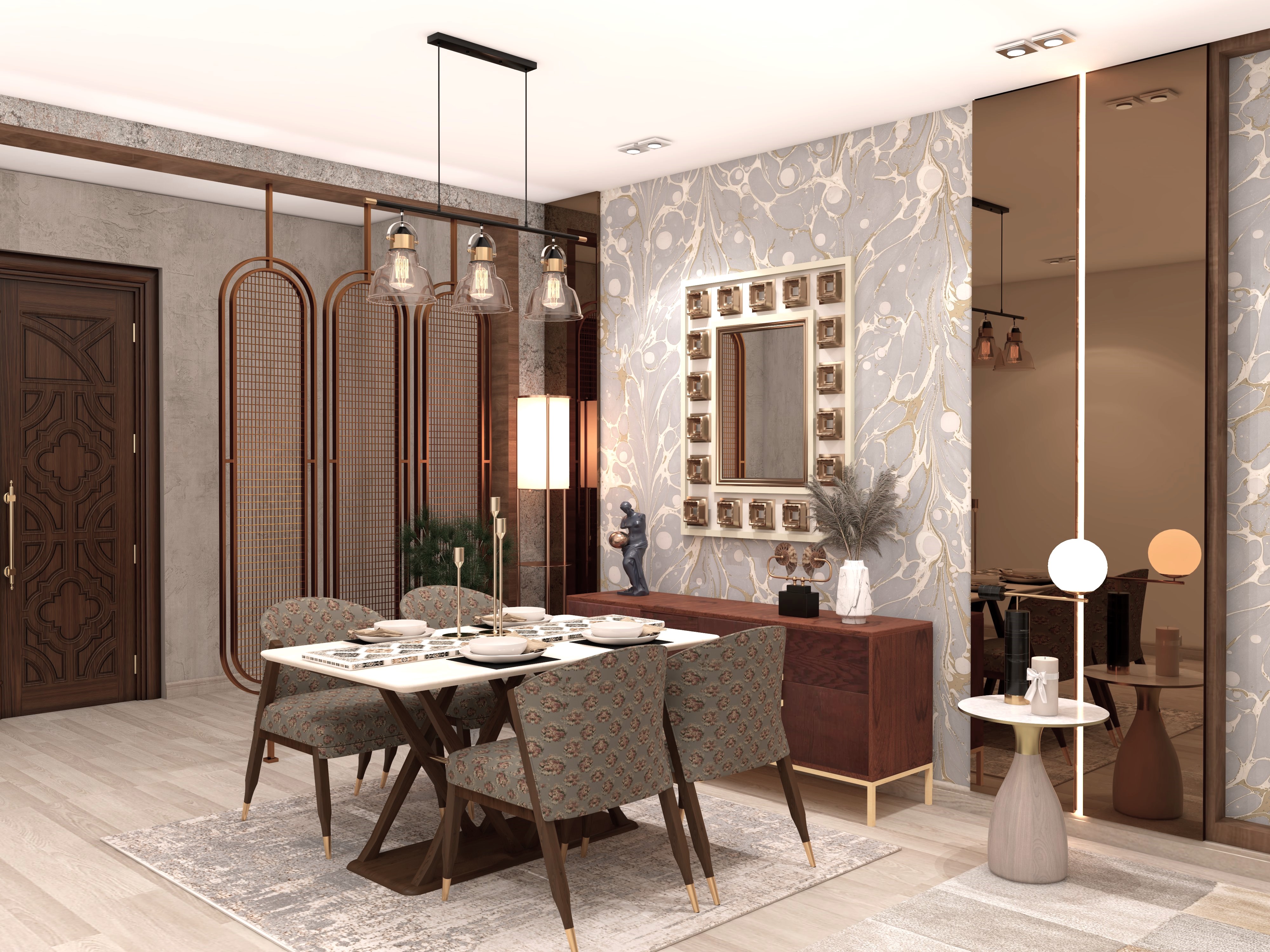 Dining room with wooden table and patterned chairs - Beautiful Homes