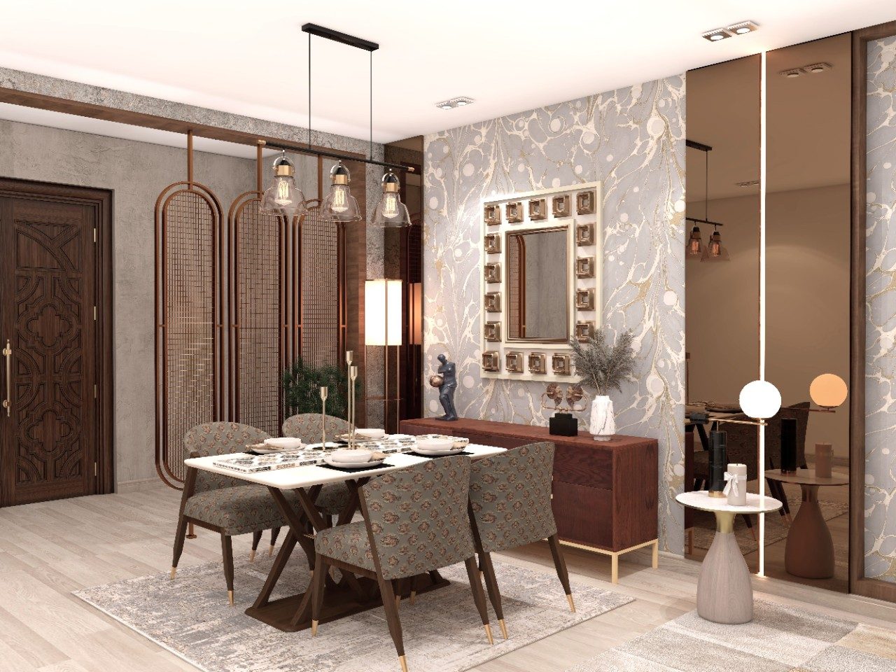 Dining room with wooden table and patterned chairs - Beautiful Homes