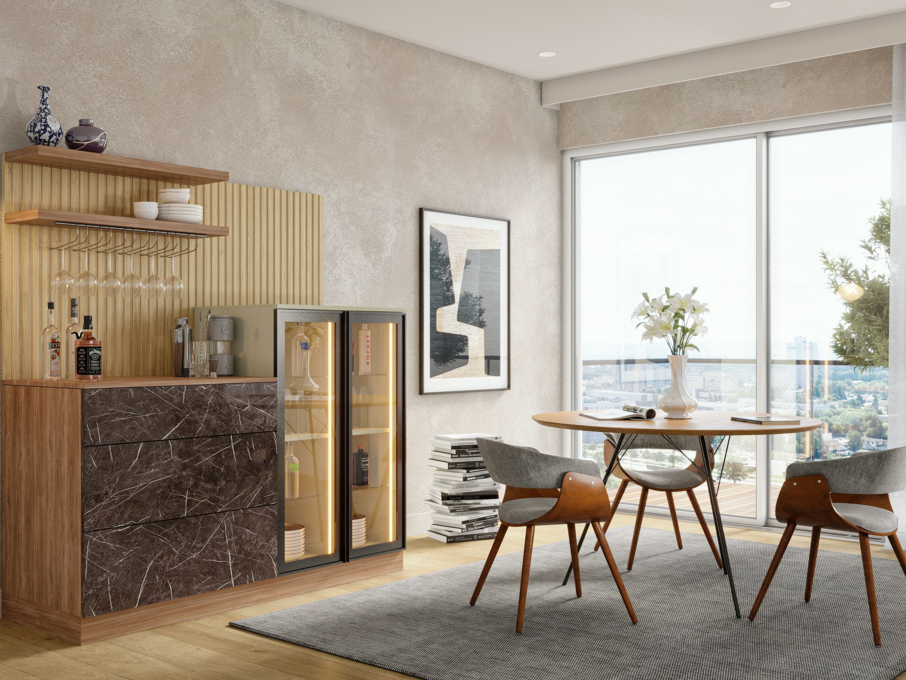 Contemporary home bar with a marble counter, dining table, and large window overlooking a cityscape - Beautiful Homes