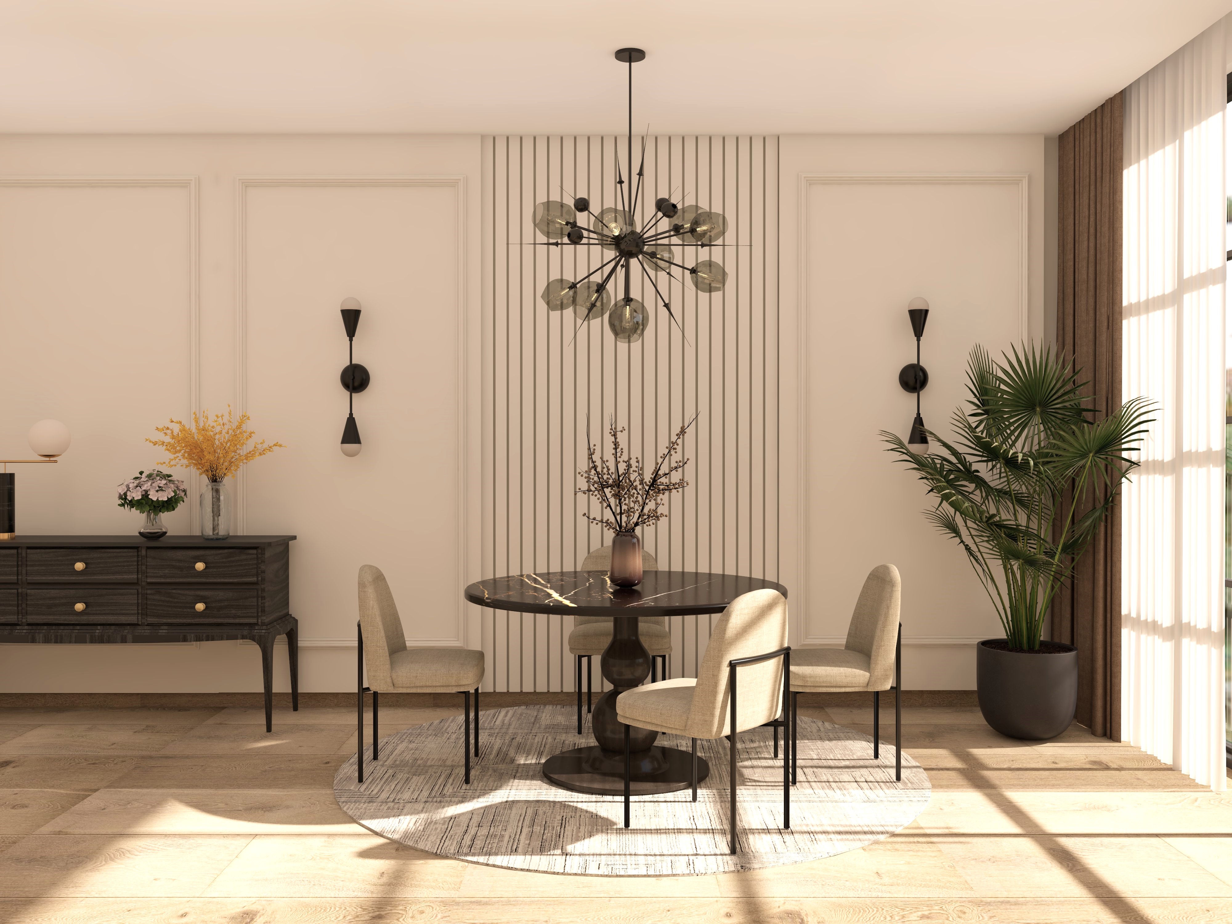 Dining area with round table and wooden flooring - Beautiful Homes