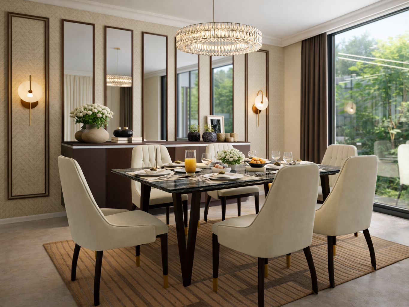 Luxurious dining room featuring a marble table, upholstered chairs, and mirrored wall accents - Beautiful Homes