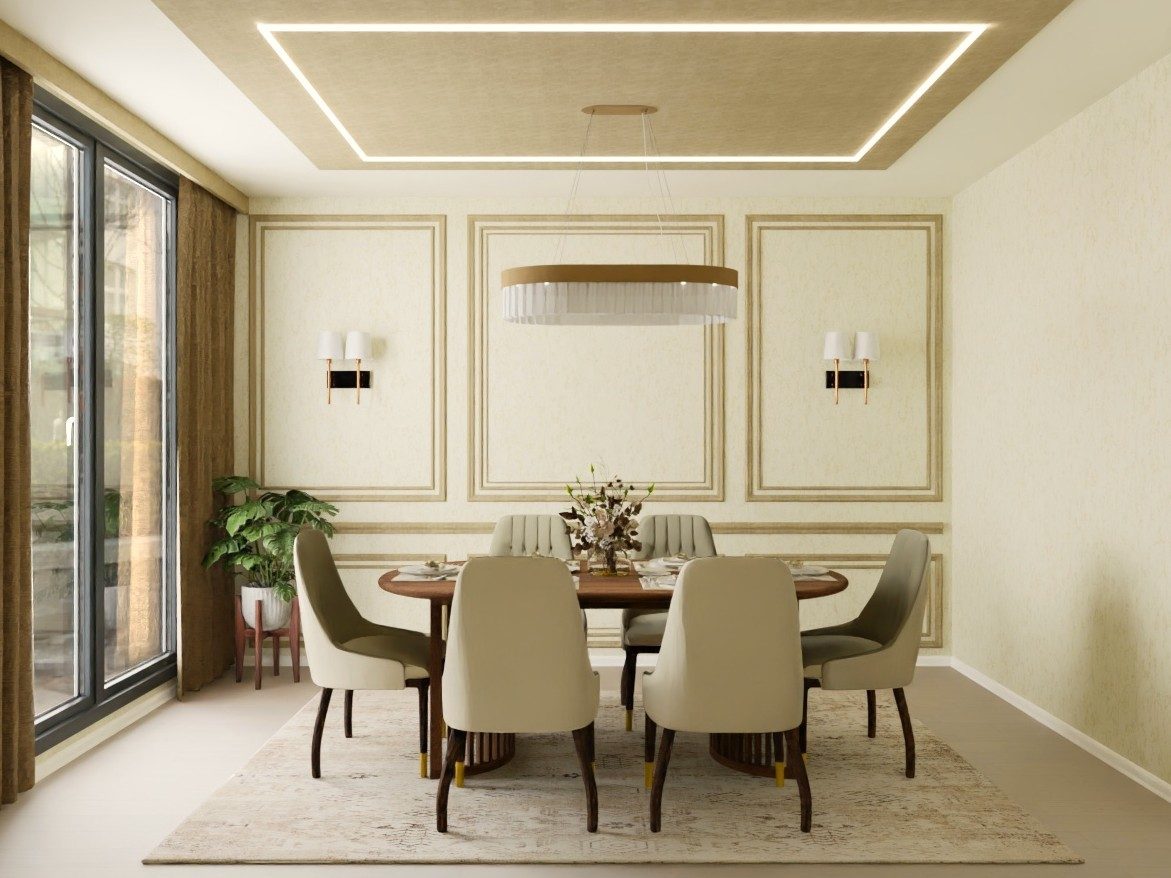 Dining room with wooden table and six chairs - Beautiful Homes