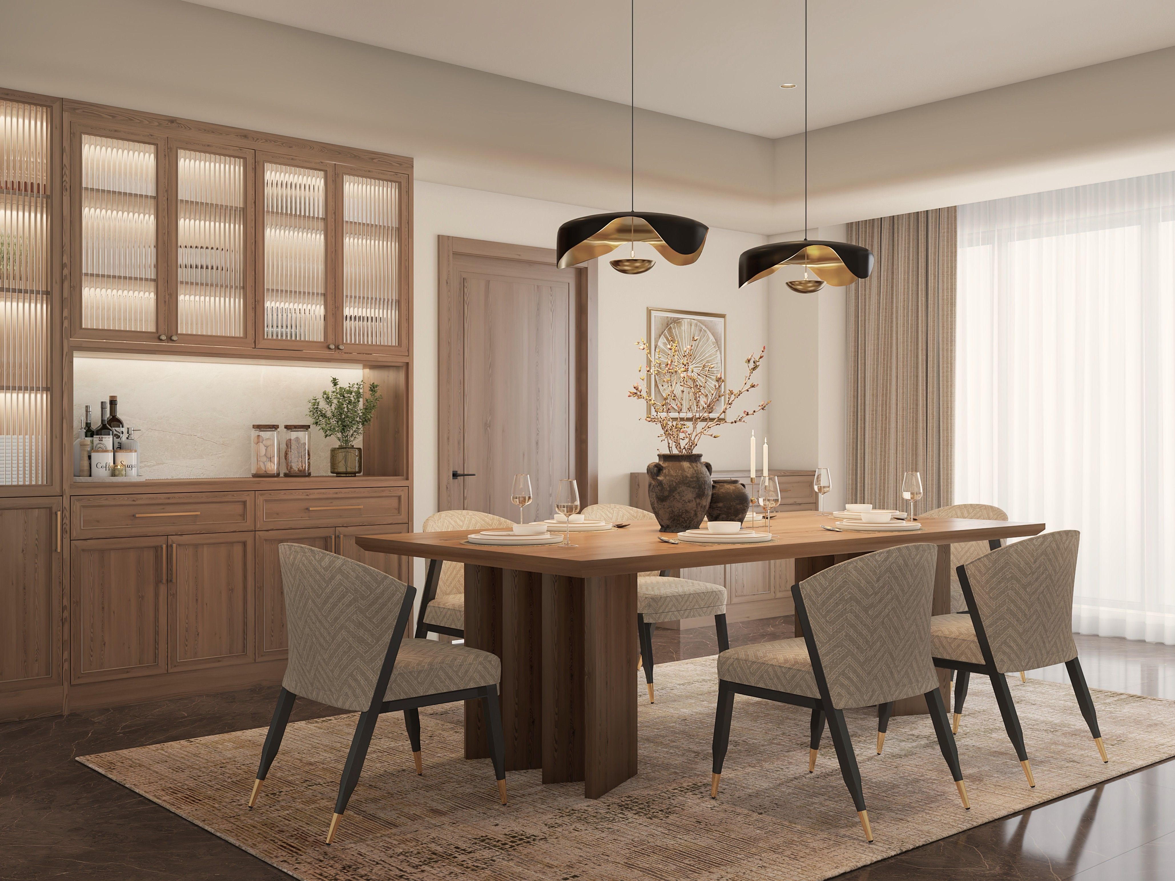 Dining room featuring a wooden table, pendant lights, and fluted glass cabinets - Beautiful Homes