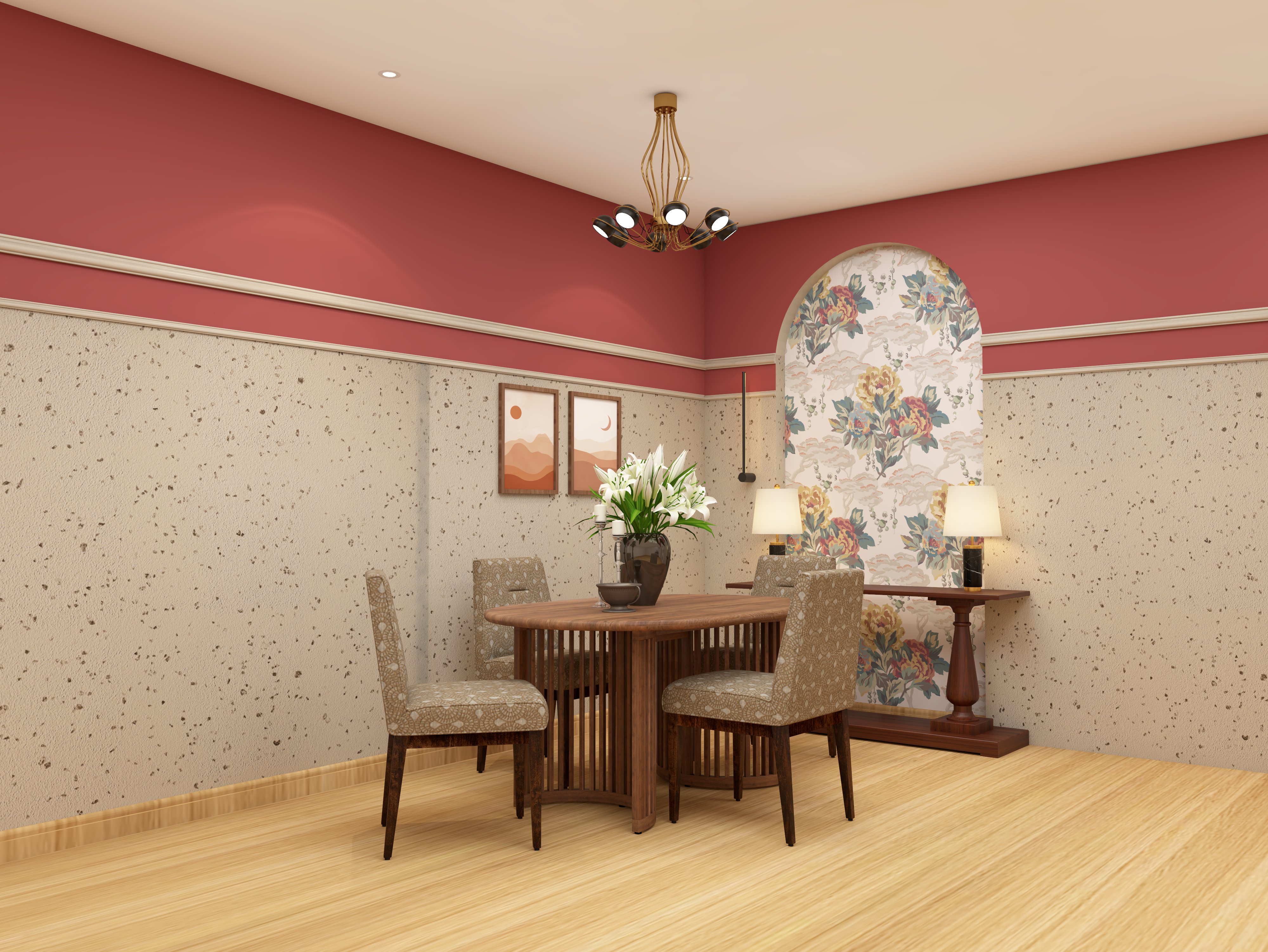 Classic dining room with slatted wooden table and floral wallpaper arch - Beautiful Homes