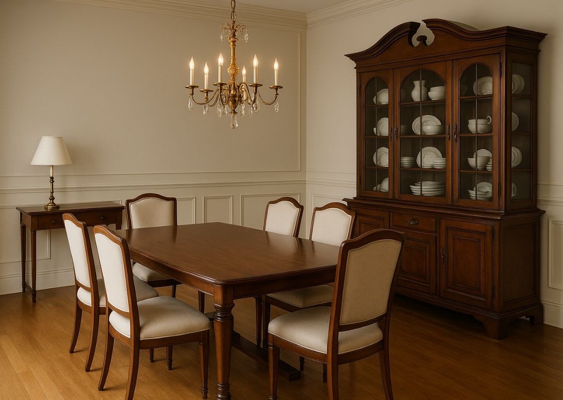 Dining room with wooden table and chandelier - Beautiful Homes
