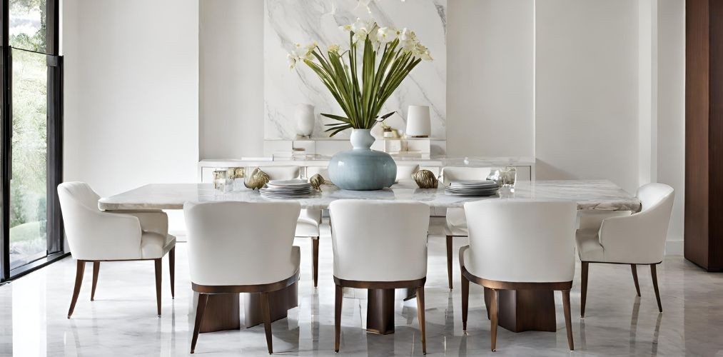 Classic white dining room with marble dining table - Beautiful Homes