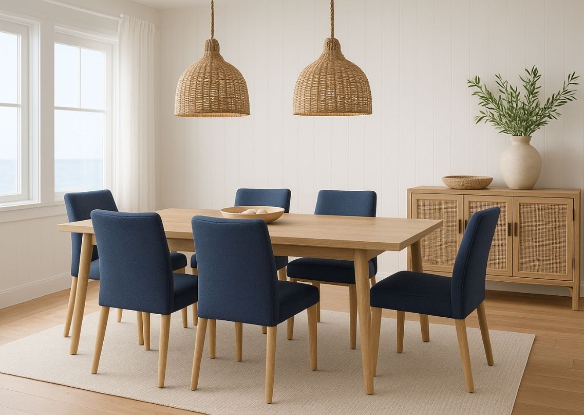 Dining room with wooden table and blue chairs - Beautiful Homes