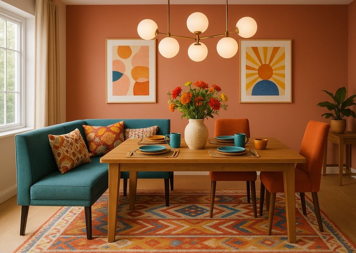 Modern dining room with wooden table and colourful chairs - Beautiful Homes