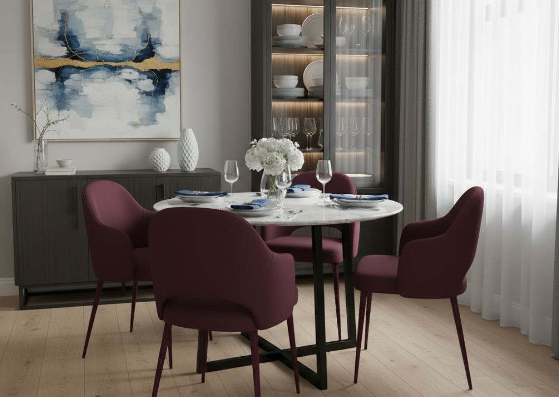 Dining area with marble table and red chairs - Beautiful Homes