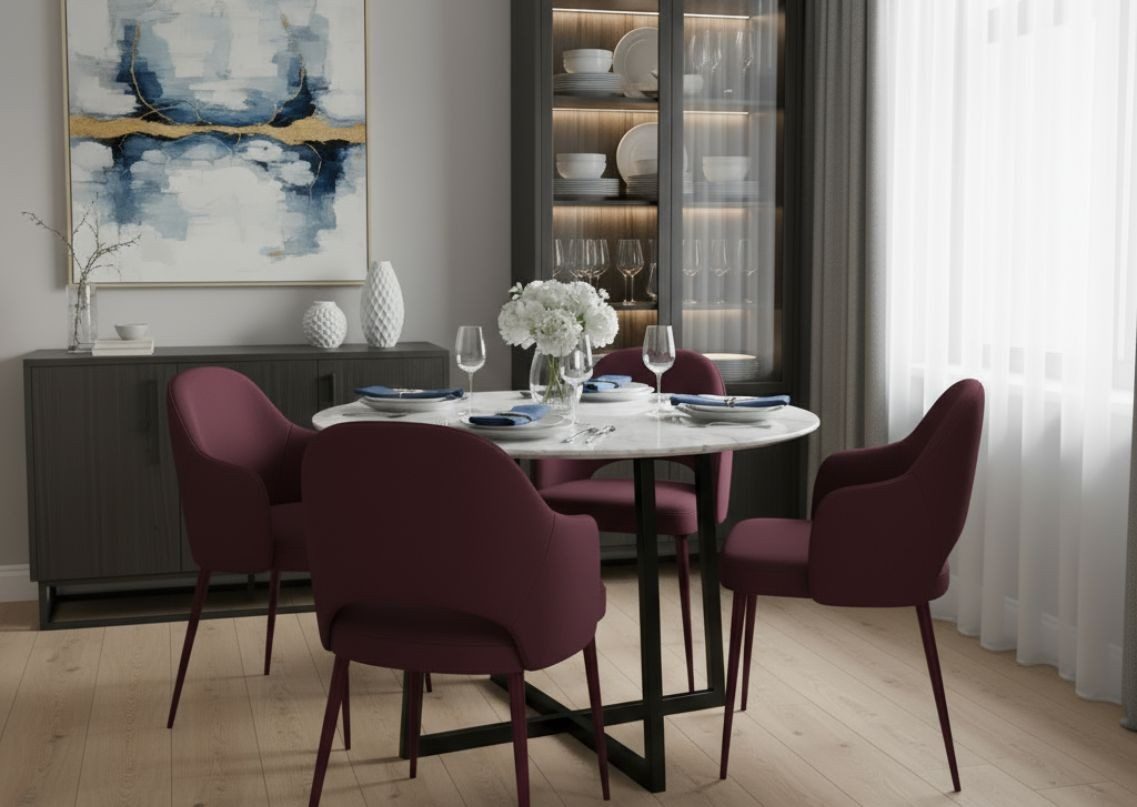 Dining area with marble table and red chairs - Beautiful Homes