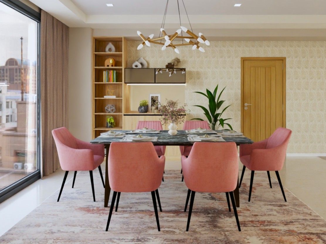 Contemporary dining room featuring pink chairs, a marble table, and a large window with city views - Beautiful Homes