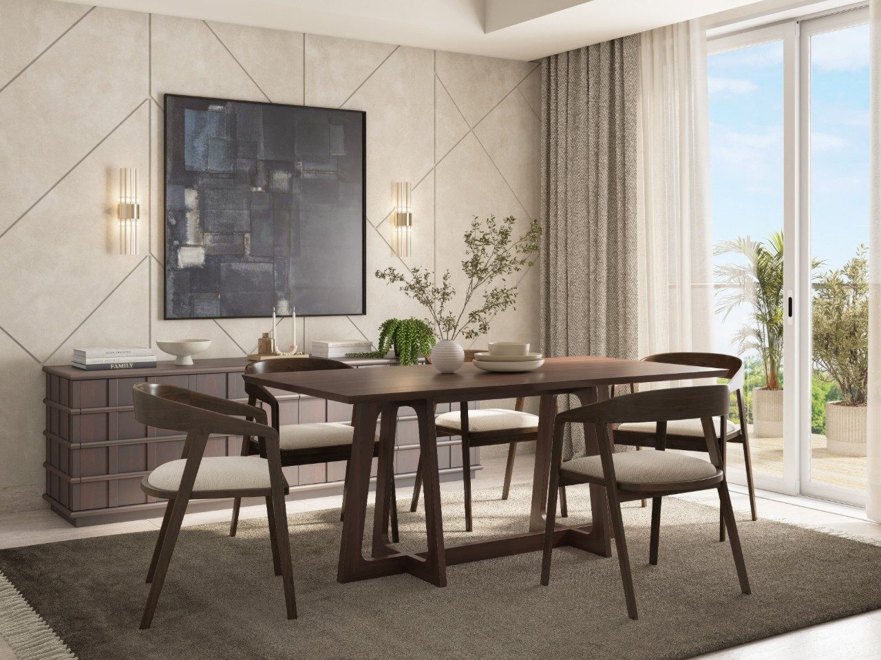 Stylish dining room with wooden table and chairs - Beautiful Homes