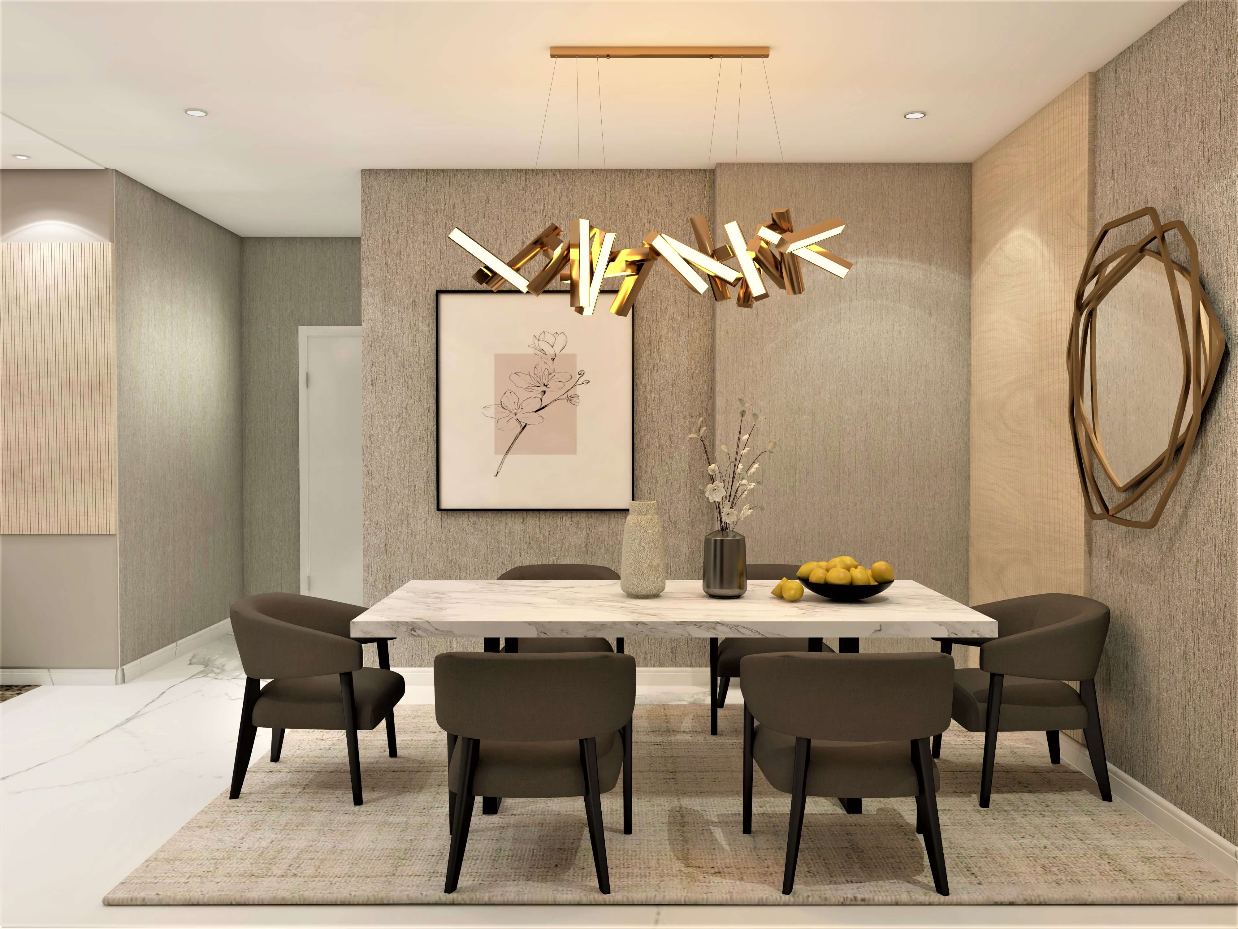Contemporary 6-seater dining room with white marble tabletop - Beautiful Homes
