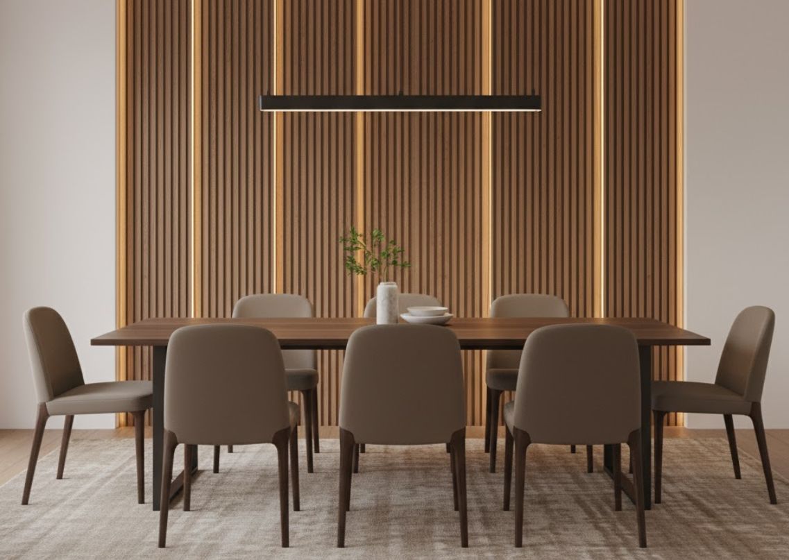 Dining room with wooden table and six chairs - Beautiful Homes