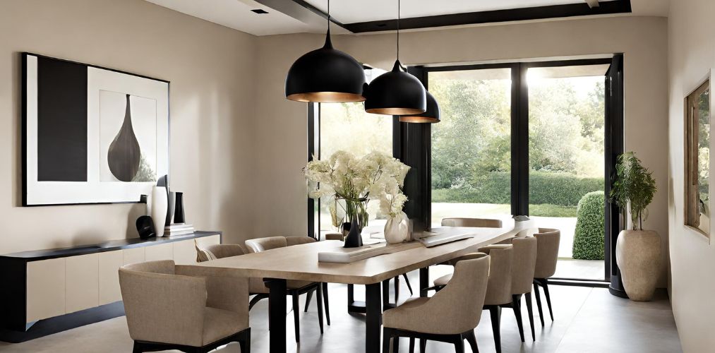 Contemporary beige dining room with black pendant lights-Beautiful Homes
