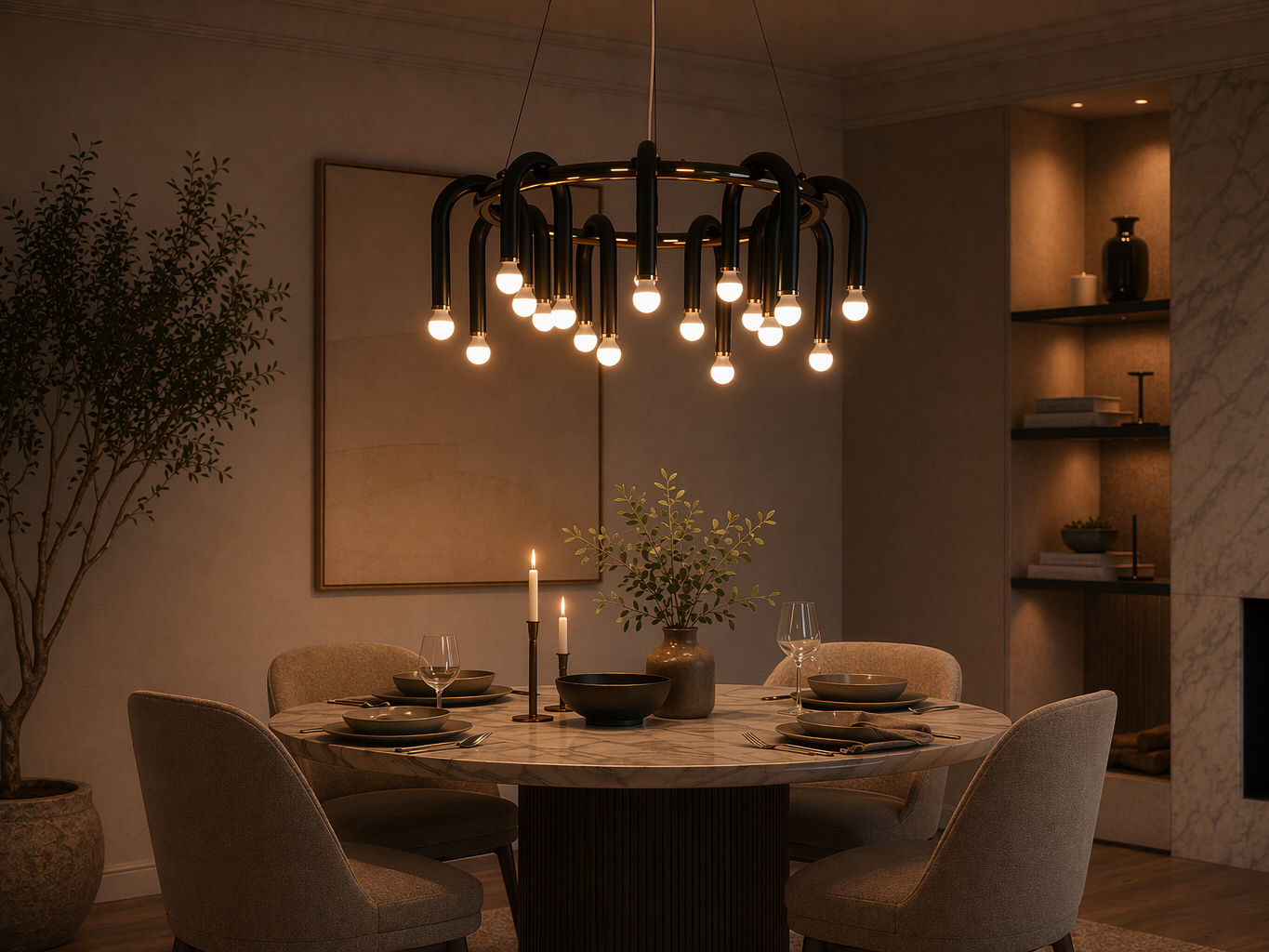 Contemporary circular chandelier with a black metal ring frame, curved tubular arms, and warm glowing exposed bulbs - Beautiful Homes