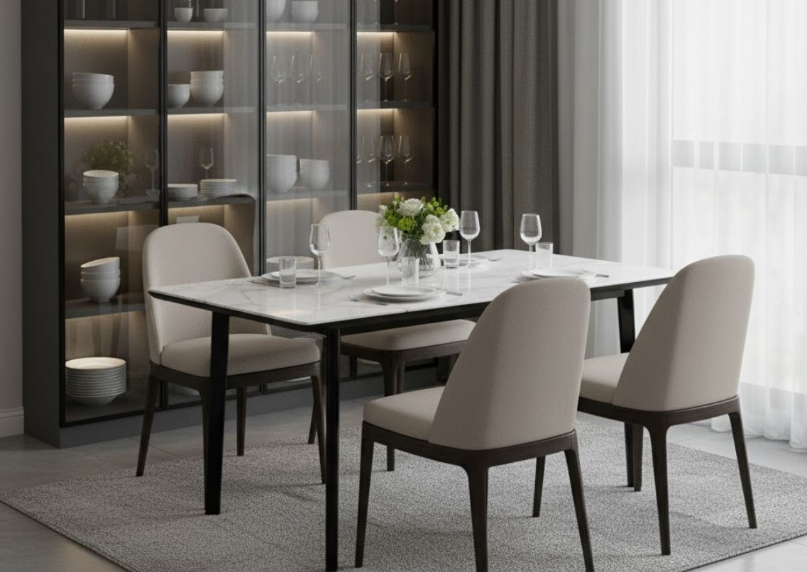 Marble dining table with chairs and glass crockery unit - Beautiful Homes