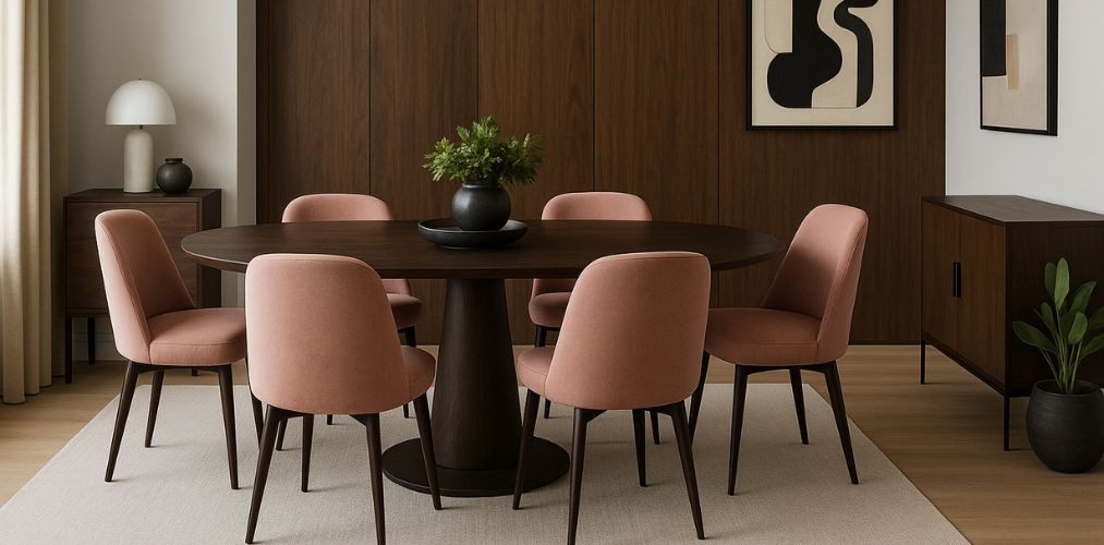 Dining room with round table and pink chairs - Beautiful Homes